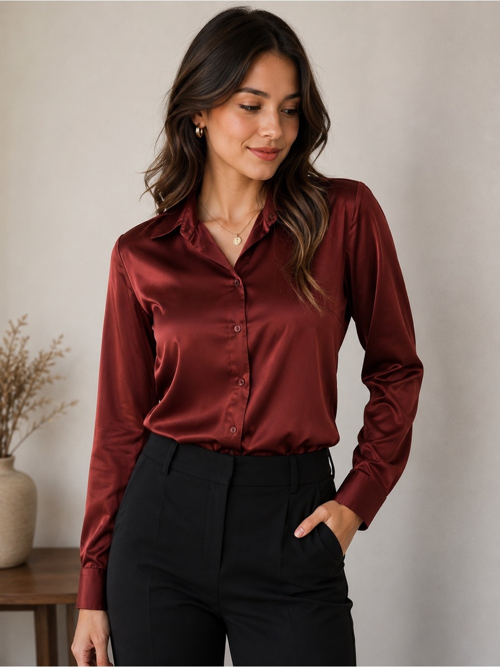 Banana Republic Satin Button-Down Shirt in Burgundy Wine
